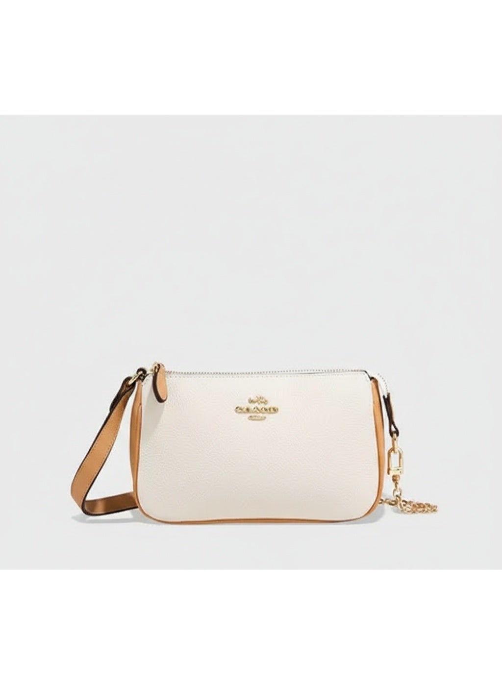 Coach Nollette 19 bag in royal white leather with honey-colored trim and pearl chain